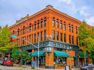Historic brick building in downtown Fairhaven, Bellingham, WA