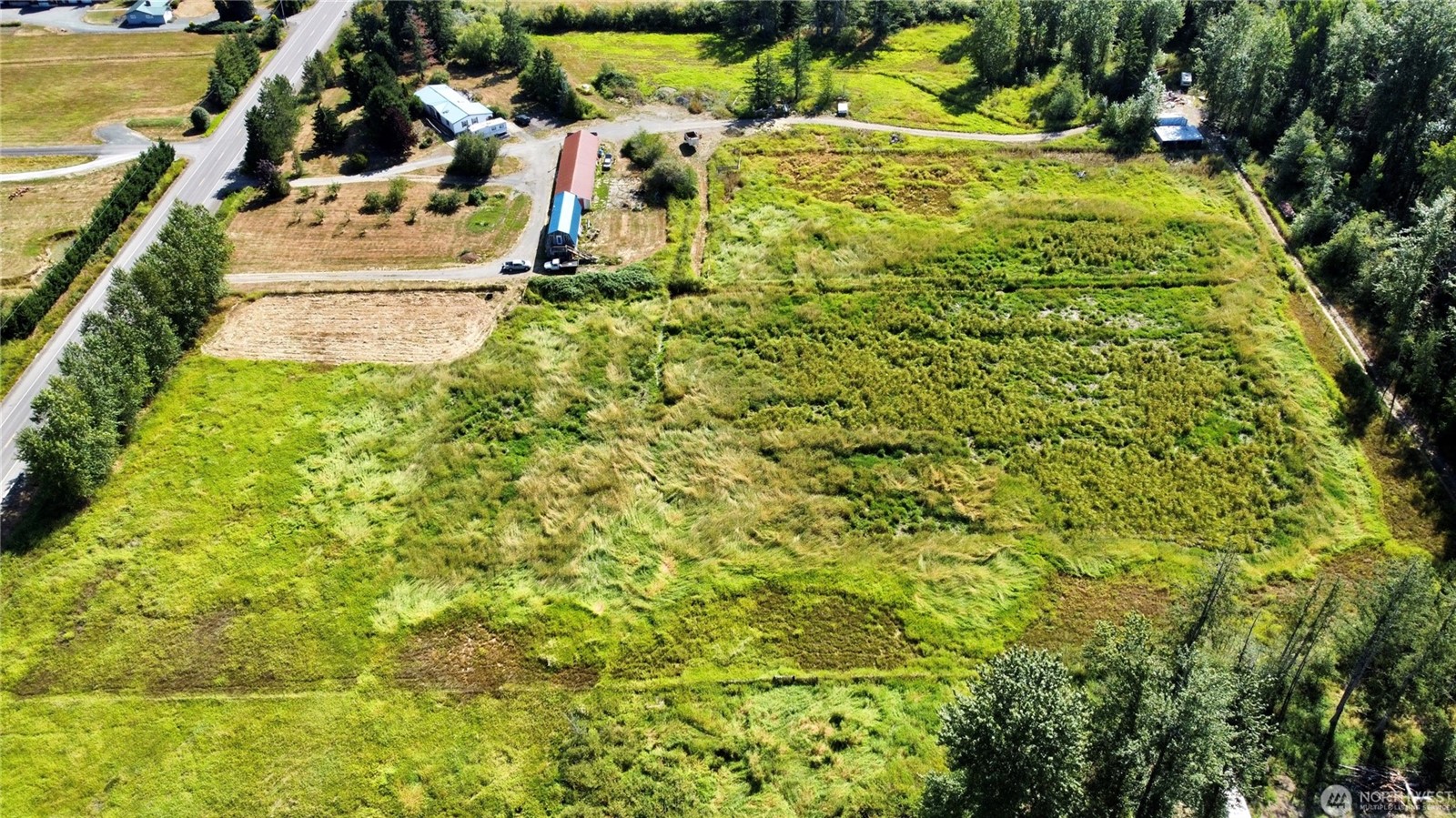 Aerial view of rural acreage in Whatcom County with a home, outbuildings, and open pasture